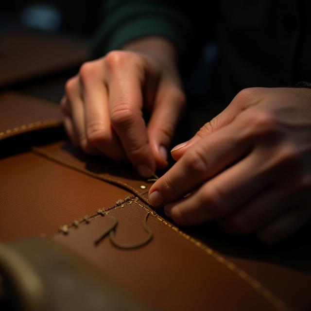 Close-up shot of an artisan's hands carefully stitching a leather seam.